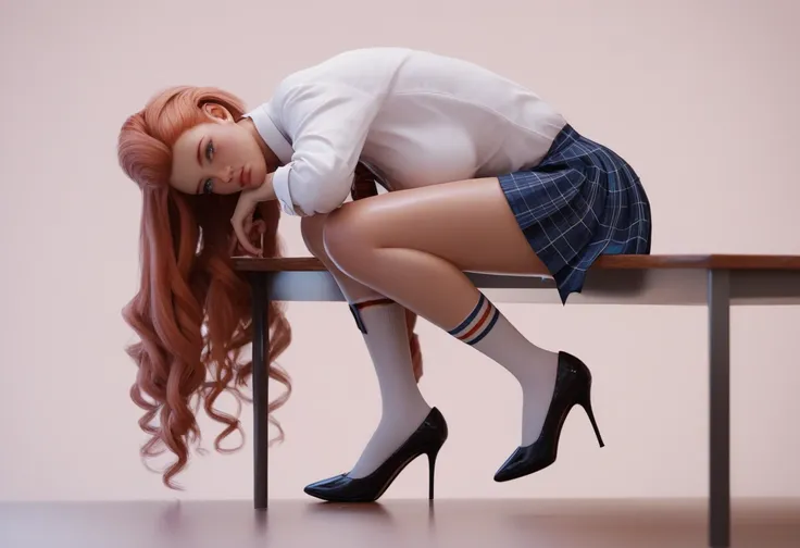 (simple background), (seen from side), a woman with long flowing hair in pigtails, laying flat on a table, head tilted to look at viewer, eye contact, sad expression, wearing a colorful pleated plaid tartan skirt, wearing stiletto high heels, white knee so...