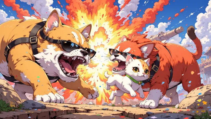 犬と猫の大Brawl,this is dog vs cat , bulldog with sunglasses release bazookas ,Cats in sunglasses fly with their fangs ,Strong bulldogs and lots of quick little cats,explosion, powerful composition ,A cat bites a dog, Super detailed pictures inspired by Super S...