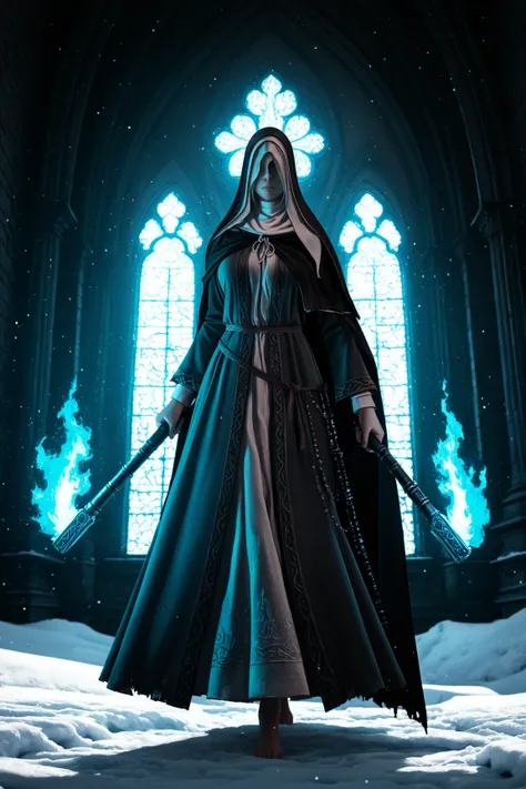 masterpiece, best quality, newest, absurdres, highres, realistic, photorealistic, dim lighting, dark, church, broken window, alter, snow, ash, looking at viewer, closed mouth, 1girl, solo,
siiesfrtdeer, covered eyes, habit, nun, black coif, hood up, black ...