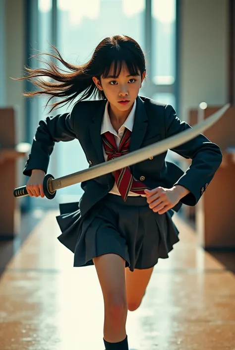 A young woman in school uniform holds a Nagi knife and runs in front of her