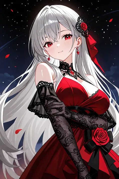 Gray Hair、 girl、 beauty、 black and red dress、 underexposed、beautiful、night、 lace gloves、I'm wearing a hair ornament