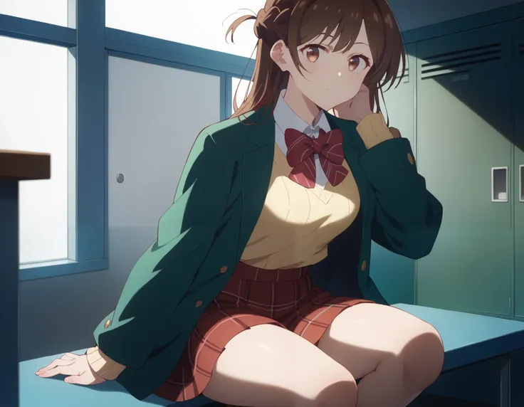  and stare at the viewer, Alone, Chizuru Ichinose, 1 girl, brown hair, long hair, French Braid , brown eyes, School, green jacket, yellow sweater , bow tie,  plaid skirt that breaks small breasts, red skirt,  Black Sox, In a completely dark room, locker,  ...