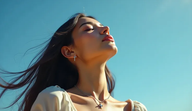 A young woman with dark, flowing hair tilts her head upward, eyes closed, as she basks in the warm sunlight. A gentle breeze moves through her hair, creating a sense of peace and freedom. The deep blue sky stretches endlessly above her, symbolizing faith, ...