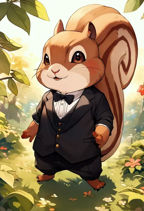 A cute squirrel wearing a black anime tuxedo