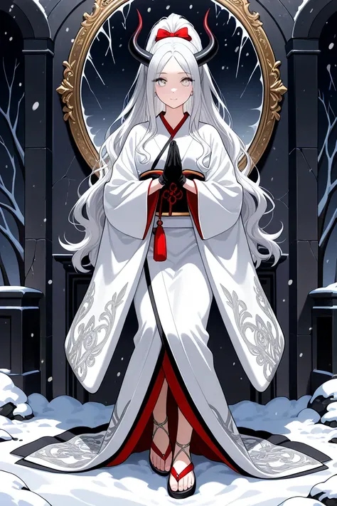 Anime, 2d, girl, adult, Silver eyes, Hair long, snow-white, gathered in a high ponytail, smooth, neat, Skin light-colored, almost transparent, Body graceful, slender, Horns thin, silver, curling upwards. Long kimono of pure white color with silver patterns...