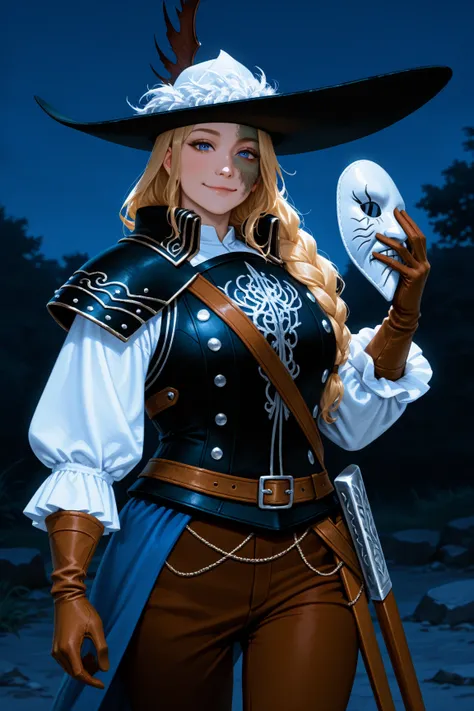 masterpiece, best quality, newest, hdr, realistic, photorealistic, dark, night, outdoors, closed mouth, cowboy shot, looking at viewer, smile, 1girl, solo, uliatlec, blonde hair, long hair, braided ponytail, burn scar, scar on face, blue eyes, black hat, p...