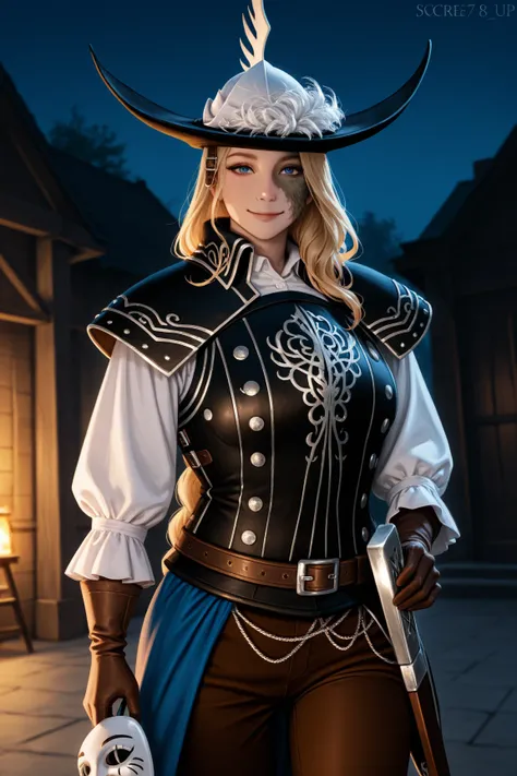 masterpiece, best quality, newest, hdr, realistic, photorealistic, dark, night, outdoors, closed mouth, cowboy shot, looking at viewer, smile, 1girl, solo, uliatlec, blonde hair, long hair, braided ponytail, burn scar, scar on face, blue eyes, black hat, p...