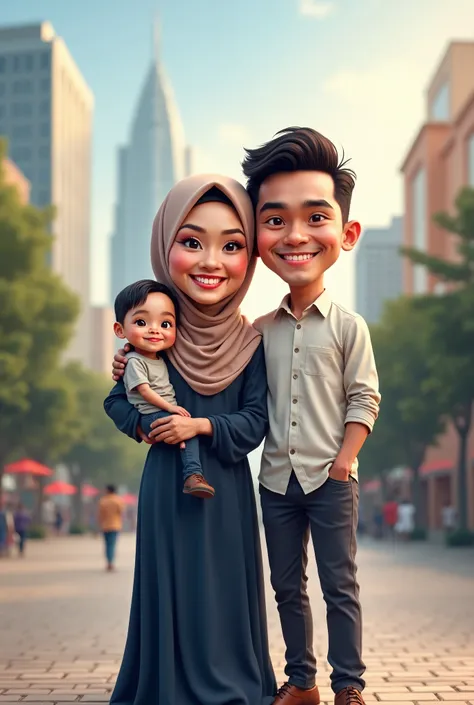 Create a 4D caricature of a indonesian couple with 1 son. The wife is wearing a hijab and a  navy long dress, while the husband is in a shirt and long pants. They are standing in a beautiful city. Focus on capturing smile expression to camera