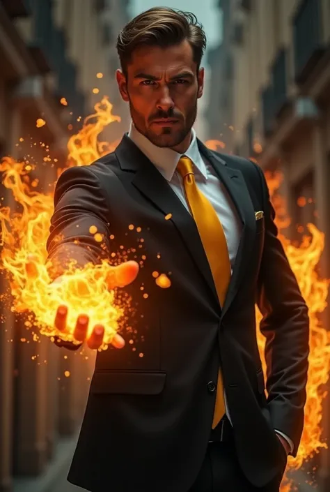 Handsome man dressed in black suit and white shirt with yellow tie using pyrokinesis