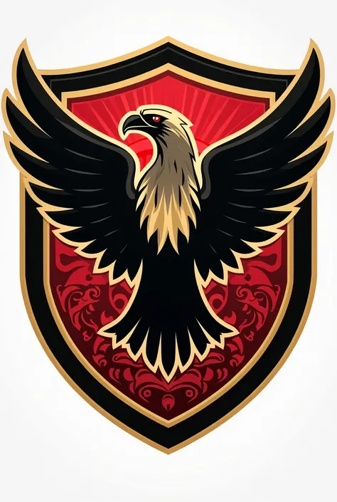 CREATE A COAT OF ARMS FOR A MEN'S VOLLEYBALL TEAM IN THE COLOR RED,  gold and black , MUST HAVE AN EAGLE AS A SYMBOL