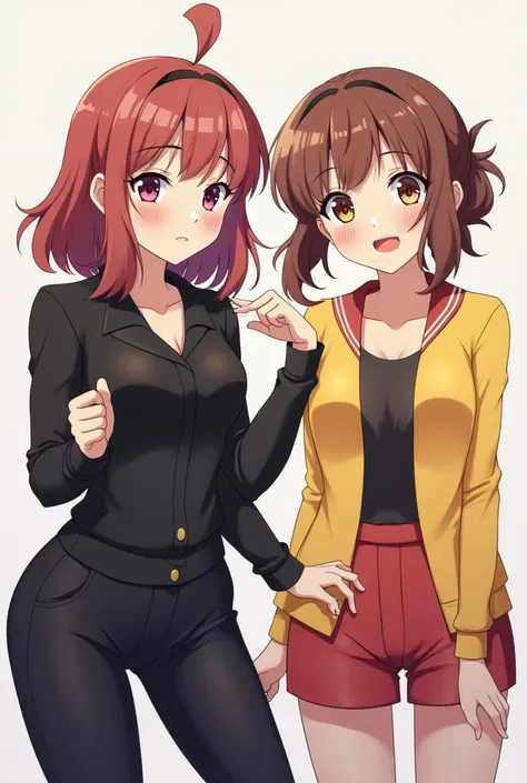 Image of two women and one man: one woman wearing black with a confident attitude, the other woman wearing bright-colored clothes with a cute smile, and the man looking very handsome. Make with anime style