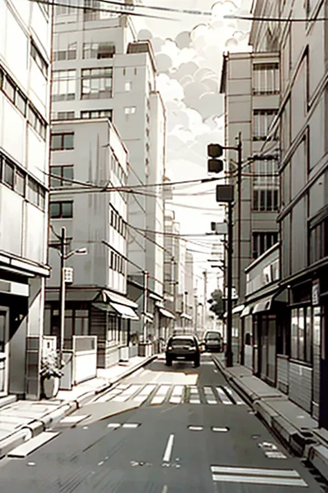 Line drawings, manga style, black and white, monochrome, clean lines, masterpieces, manga, cityscapes, architectural perspectives, main roads, wide roadways, buildings lined up along the roads, commercial facilities, office buildings, apartment buildings