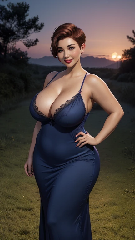 DisneyAurora, 27 years old, full body view Beautiful woman (((undercut pixie brown hair))) defined body, voluptuous, sexy, cherry red lipstick, arms by her sides, hands free, happily smiling, standing facing camera((( navy blue nightgown ))), in moonlit gr...