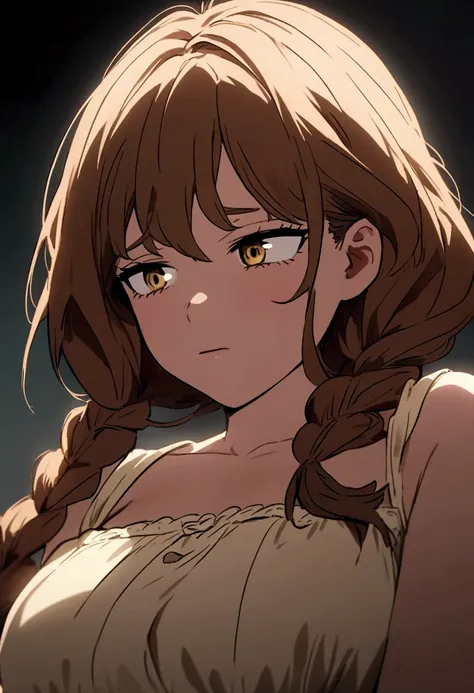 Screenshot of My Hero Academia of a brown-haired anime girl with two braids and golden eyes wearing a beige baby doll with a flushed and seductive expression 