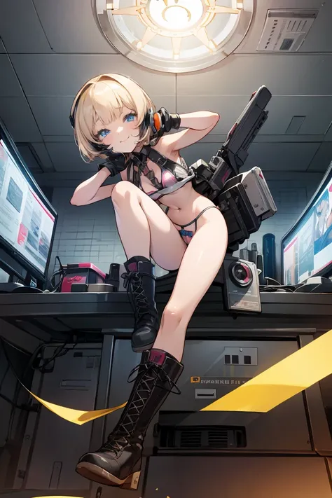 (( high quality)), (( Masterpiece)), 8k,  Blonde Bob Haired Blue Eyed Girl 、   bulletproof vest, latex pink bikini、 cute pose 、light,  highly detailed CG Unity 8k wallpaper ,  game cg,  viewers,  gloves,  boots, clock,  Computer ,  mask, Drone,   holding w...