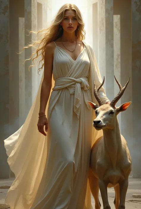 Portrait of a Greek goddess with a sacred animal realistic style,Soft light,  mystery 