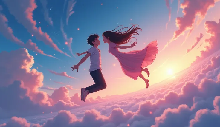 Create an anime-style illustration of a couple falling from the sky, their bodies suspended in midair as they reach for each other. The scene is breathtaking and filled with emotion—wind rushes through their hair and clothes as they descend together, their...