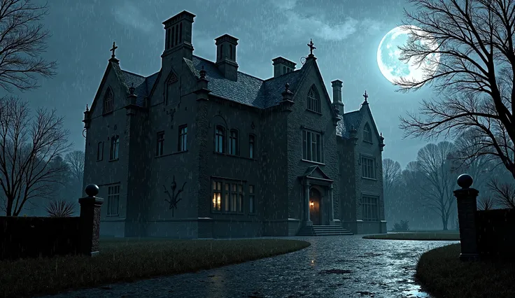 realistic image of an old 16th century English mansion made of black stone with vines on its walls, dark, in the illuminated night, cold and rainy night and macabre liquid darkness