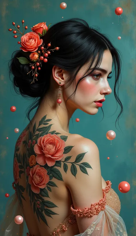 Portrait of a stunning European woman with long dark hair gathered at the back of her head in an elegant bun decorated with coral-colored roses and delicate red beads. On her back she has a large bright floral tattoo depicting roses, peonies and other flow...