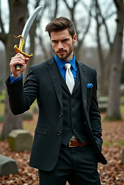    A handsome tall, muscular man with short, well-groomed brown hair with a thin beard in his 30s,  dressed in a black suit with a blue shirt and white tie , wielding a sword wrapped in yellow magic ,   in combat posture   , In a cemetery with dead trees  ...