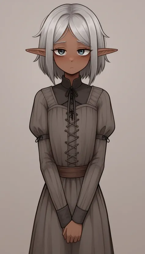     best quality  ,     very detailed illustration   ,(Elf Boy :1,7), dark skin, black circles under the eyes , tousled disheveled fluffy grey hair  ,  TIRED LOOK,  a femboy ,  slim,     perfect body  , Cute, looks at a nonentity , Medieval clothing, playf...