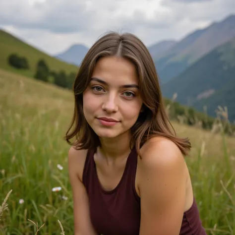 A herb meadow in the mountains,  Professional realistic photography, extra wide angle shot , 16k, UHD, Extremely Sharp Image, ROH, dslr,  perfect light and soft shadows ,  Diffused light across the face 