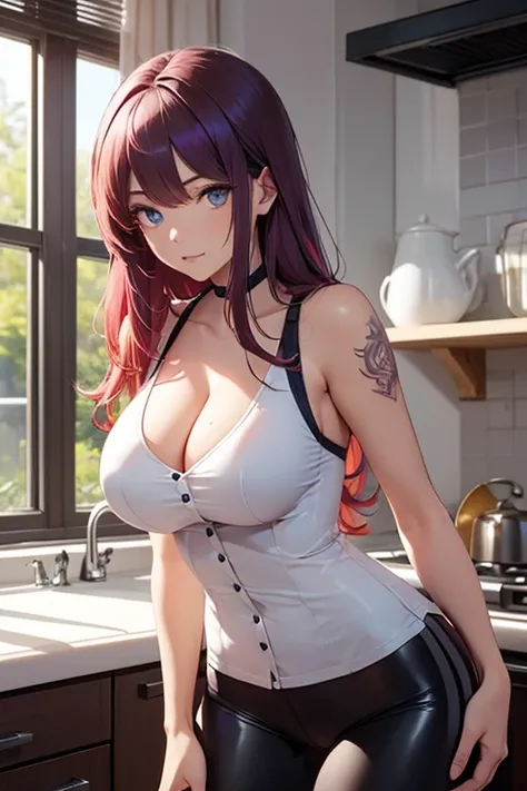 (high quality) long red hair with purple highlights in her hair, blue eyes, tattoos on the chest and arms, exposed cleavage, busty lean tonned body, big round breasts, in tight white shirt and tight short leather leggings in the kitchen, she is in her 40's...