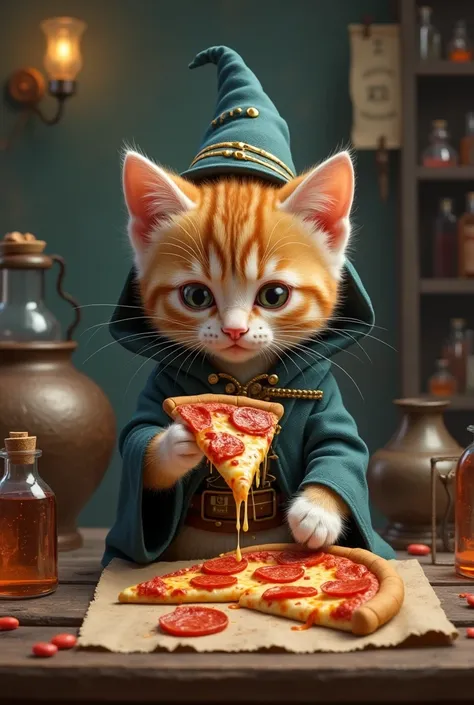 Make an alchemist kitten eating pizza