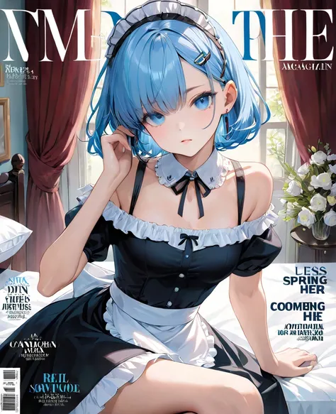 posters, article, cover, ((poster cover)), ((magazine cover)),  Masterpiece, Top-class, Spring Dresses, Colored Hair, magazine cover,  upper body,  in the seat,  maid clothes, light blue short hair ,  black clothes,  maid clothes,  bed,  Exposed Shoulders ...