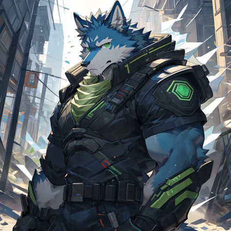 ( Studio Quality Photos Showing God's Power ,4K, high resolution , masterpiece:1.2), extremely detailed,Anime,( future), perfect lighting , Full Details,Modern, emer one ld {x} furry,(Blue Wolf),20 years old,male, muscular , without a beard,( blue fur),(Em...