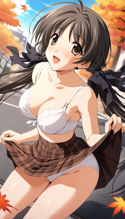  1 girl,Shirakawa Hotaru , Autumn Clothes,  black hair ribbon ,  White Lace Bra、 plaid skirt that breaks small breasts, Masterpiece,Alone,  top quality,  game cg,   light smile,street,  falling maple leaves ,   very big breasts、 blushes、 see here、front、 sk...