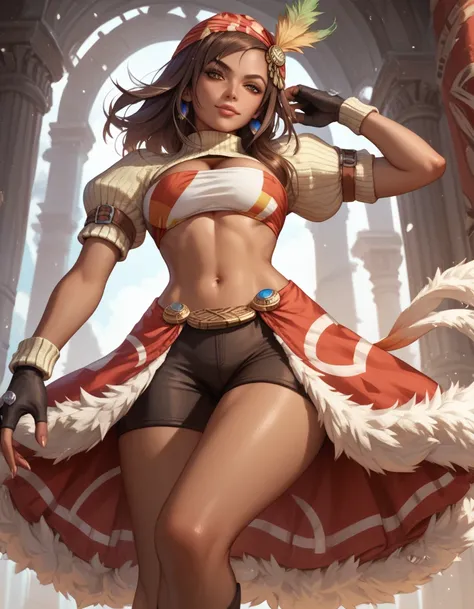 ff9Lani, dark skin, brown hair
bandana, feather hair ornament, turtleneck, cleavage, puffy sleeves, bandeau, red overskirt, fur trim, short shorts, fingerless gloves, from below, sexy posing