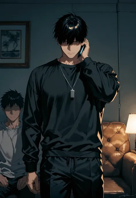 score_9, score_8_up, score_7_up, source_anime, ((faceless boy:1.6,  black short hair)), bara, black clothes,,White room,cowboy shot,masterpiece, best quality, dark room, on sofa ,answer the phone