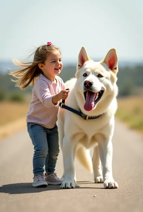 "A cute gril around 8-, is standing with a large whait dog. The  is holding the dog’s leash, which is tied around the dog’s neck, with both hands. The dog is barking loudly and trying to move forward with force, but the  is standing firm, holding the leash...