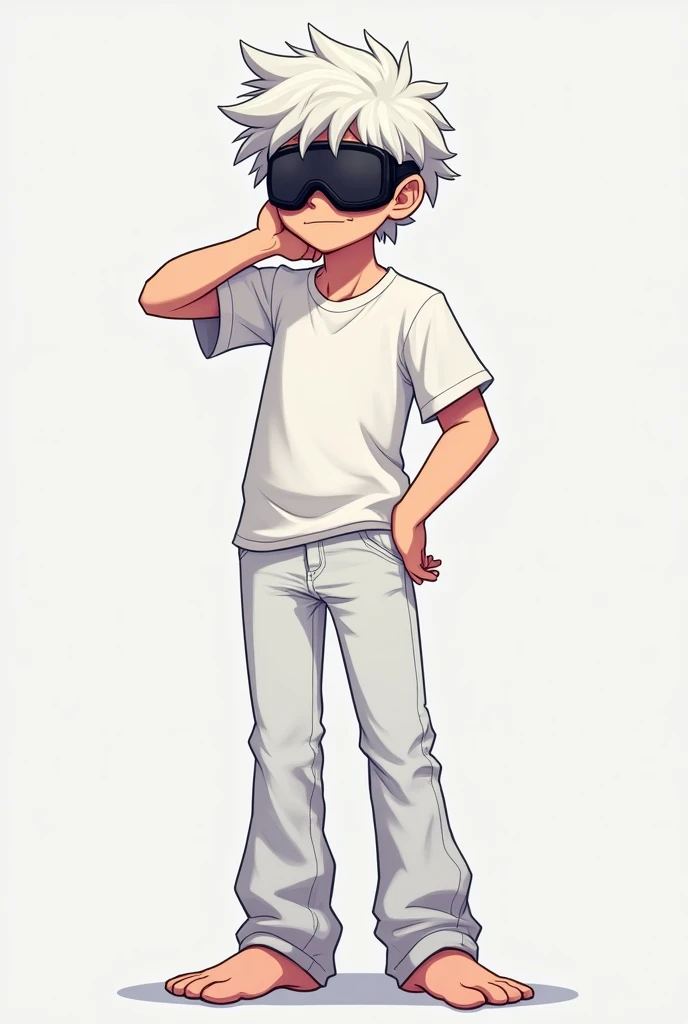 Create a 16-year-old male character,  with messy white hair , with black ski goggles on the face hiding the face,  with white shirt, white pants and barefoot , Laughing at the front camera , shy, And putting a hand around the neck nervous