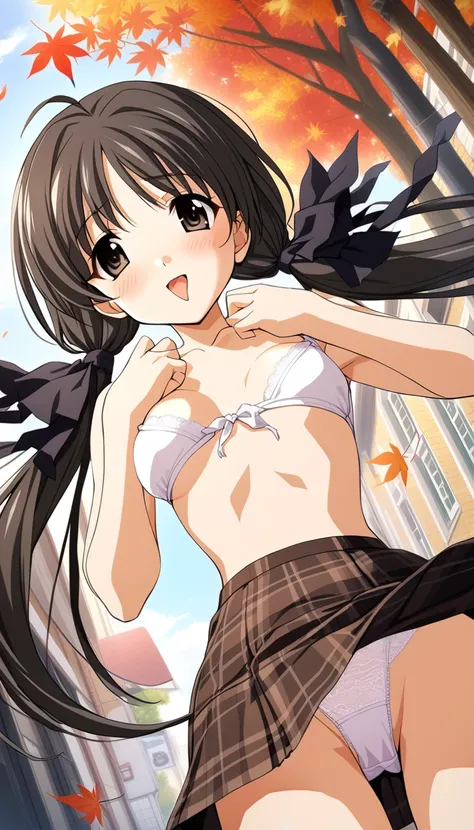  1 girl,Shirakawa Hotaru , Autumn Clothes,  black hair ribbon ,  White Lace Bra、 plaid skirt that breaks small breasts, Masterpiece,Alone,  top quality,  game cg,   light smile,street,  falling maple leaves ,   very big breasts、 blushes、 see here、front、Put...