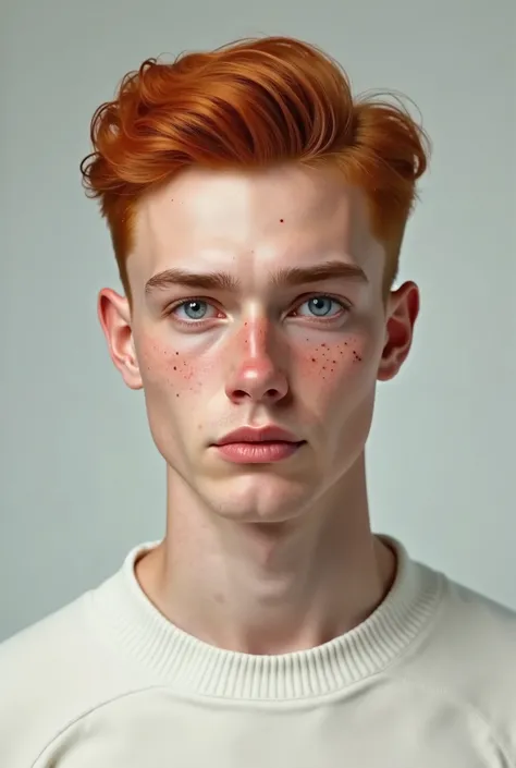 Handsome young man with orange hair, big forehead, blue eyes, freckles on his skin, wearing a white sweater, close-fitting features