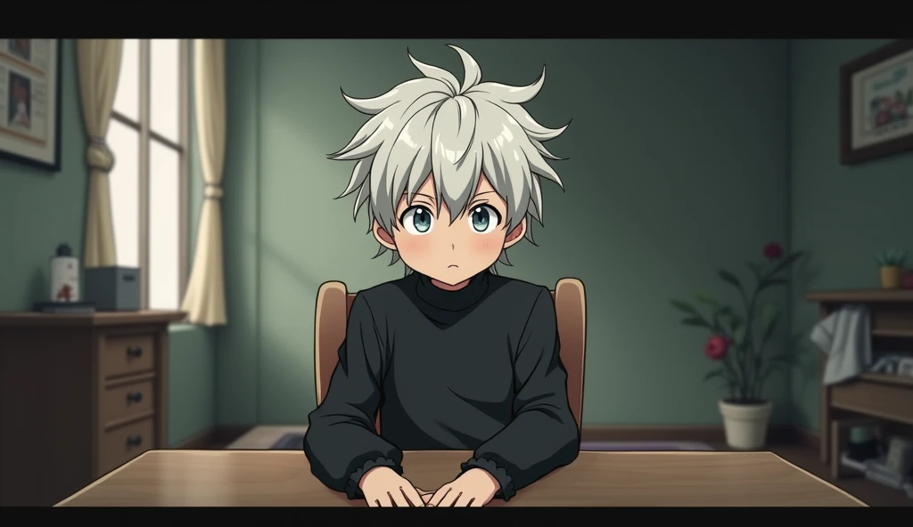 a anime boy sitting a room wearing black outfit with normal size face with messy white hair sitting on a chair , table like he is in interview in his bed room talking to 4th wall