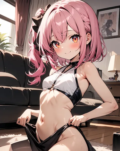 masterpiece,ultra quality,perfect anatomy,(1girl,loli,pink hair,medium hair,left side pony tail hair,smile),living room