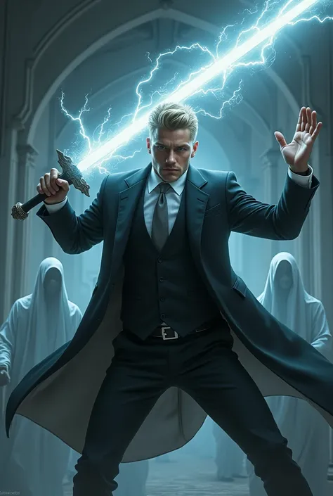  Handsome blond man with short beard dressed in a black suit ,  dressed in white shirt and gray tie , wielding a sword wrapped in electricity in combat posture, fighting ghosts .