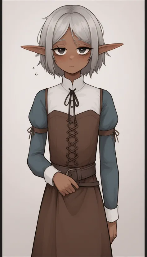     best quality  ,     very detailed illustration   ,(Elf Boy :1,7), dark skin, black circles under the eyes , tousled disheveled fluffy grey hair  ,  TIRED LOOK,  a femboy ,  slim,     perfect body  , Cute, looks at a nonentity , Medieval clothing, playf...