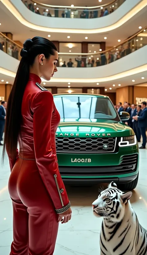 ( photorealism:9.16) A beautiful white woman with straight black hair unraveled,  dressed in futuristic red military uniforms with metallic accents ,  is standing in front of a green Range Rover SVAutobiography LWB car on the middle floor of the atrium of ...