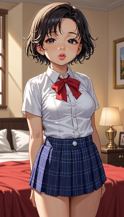 (((1girl:1.5))), Masterpiece, Best quality, amazing beauty, 4K, absurdres, finely detail, (super detailed eye), perfect anatomy, official art, cinematic lighting, BREAK, ((((Bright bedroom)))), ((Bright morning bedroom)), silky short hair, (tired hair), [b...