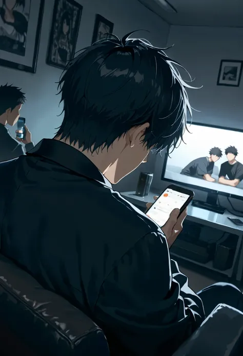 score_9, score_8_up, score_7_up, source_anime, ((faceless boy:1.6,  black short hair)), bara, black clothes,,White room,masterpiece, best quality, dark room, on sofa ,answer the phone,upper BODY