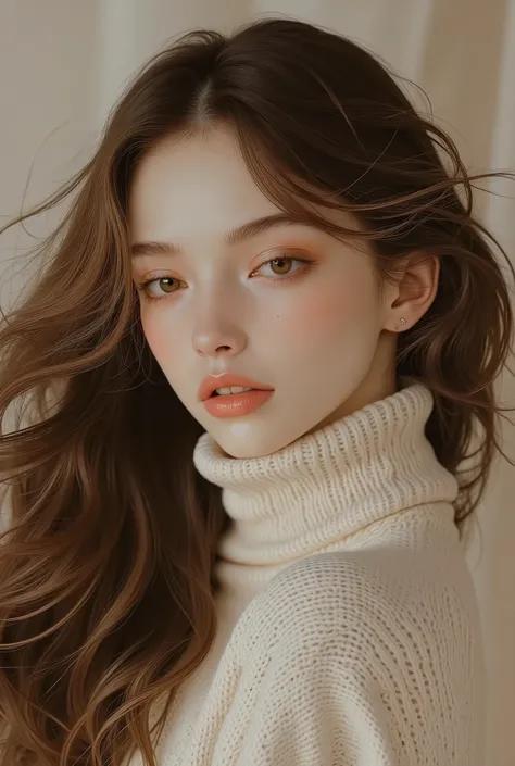 Girl, very long soft brown hair, brown eyes, sharp features, white skin, shiny light pink lips, perfect, wearing a neck sweater, sweater, high resolution, clear colors .
