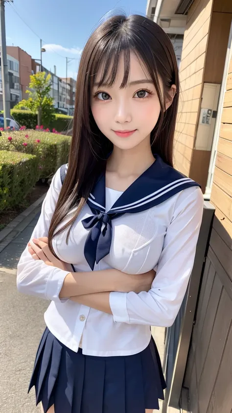 ((​masterpiece)), (( top quality)), photo,  4/5 upper body portrait,　sailor student uniform、the most beautiful girl, very slim、realistic、big round breast, detailed skin, detailed eyes, prostitute, Bewitching goddess 