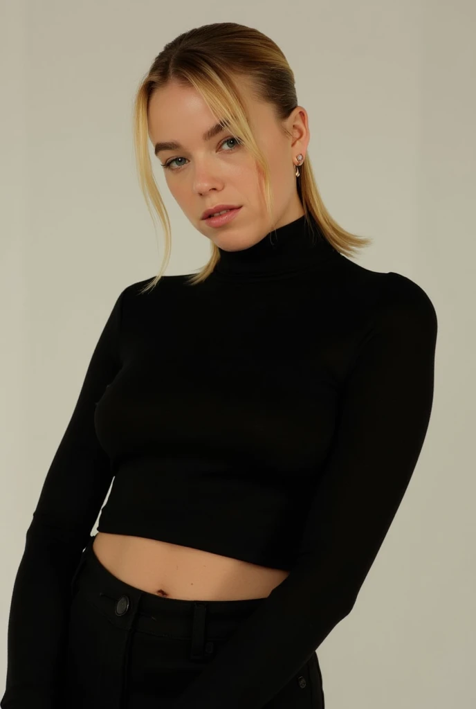 Milly Alcock, blonde ponytail, black midriff turtleneck,modelshoot 