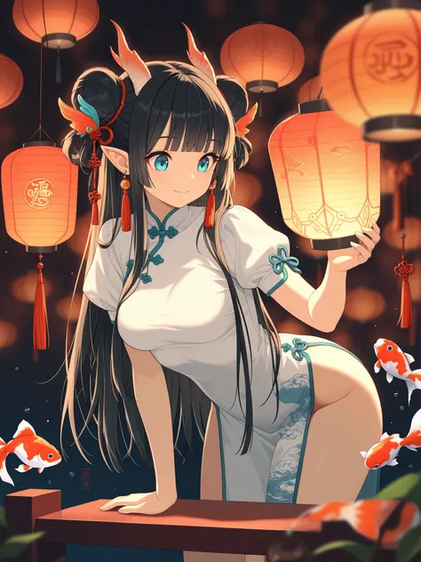 1girl, solo, long hair, blue eyes, black hair, aqua eyes, happy, closed mouth, medium breasts, hair bun, double bun, horns, blunt bangs, looking at objects, looking at lanterns, holding lanterns, bending over, naked, ribbons, jewelry, white clothes, short ...