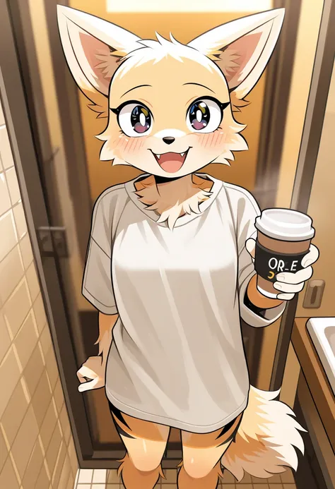 Solo, (teenager), artic fox, cute female, (thin body), short ears, white fur, furry, small breast, in the bathroom, (smiling at viewer), fluffy tail, beautiful eyes, (small woman), shiny and soft fur, extremely detailed, standing, black pupils, wearing a w...