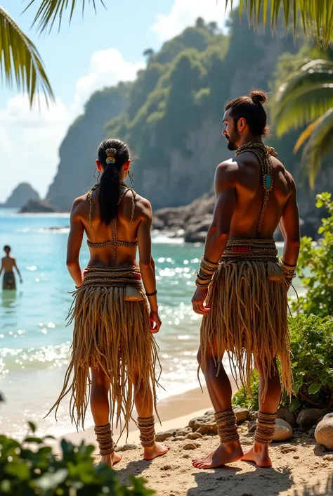 Islanders wearing clothes in 1000 BCE made up of ocean and island material